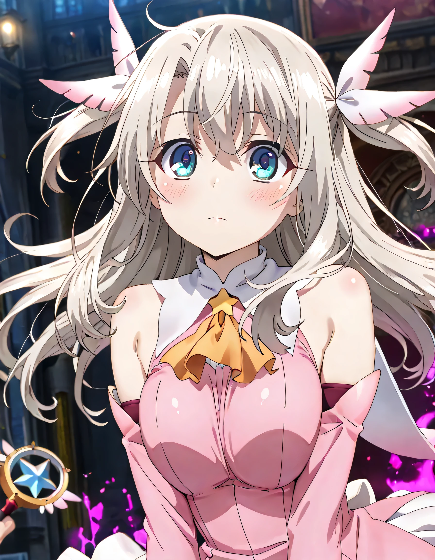 ((ultra-detailed)), (highly detailed CG illustration), (best quality:1.2), ultra-highly detailed, colorful composition, artistic photoshoot, 1girl, solo focus, upper body, moe anime character, girl, dainty facial structure, babyface, round face, rounded chin, celia-default, celia claire, blue eyes:1.3, sagging eyes:1.3, silver hair:1.3, long hair, two side up, hair ribbon with pink, ample breasts, fate/kaleid liner prisma illya, pink dress, sleeveless dress, yellow ascot, elbow gloves, magic short wand:1.2, Magic:1.2, magic light trail on wield wand, gentle smile:1.2, blush:1.2, cowboy_shot, dynamic_angle, dynamic_pose, night background, abstract background, (glowing aura), (fighting in fantasy), expecting, pink cheek, pink gloss slip, portrait, depth of field, lighting, sidelighting, (shine), lighting, caustics, ray tracing, lustrous skin, highly detailed face, highly detailed eyes, perfect nose, perfect anatomy, beautiful hair, beautiful small face, beautiful detailed eyes, beautiful clavicle, beautiful body, beautiful ample breasts, leavage, breasts squeezed together, beautiful thin thighs, beautiful legs, beautiful fingers, lovely, (very detailed background:1.0), (highly detailed background:1.0), intricate details, chromatic aberration