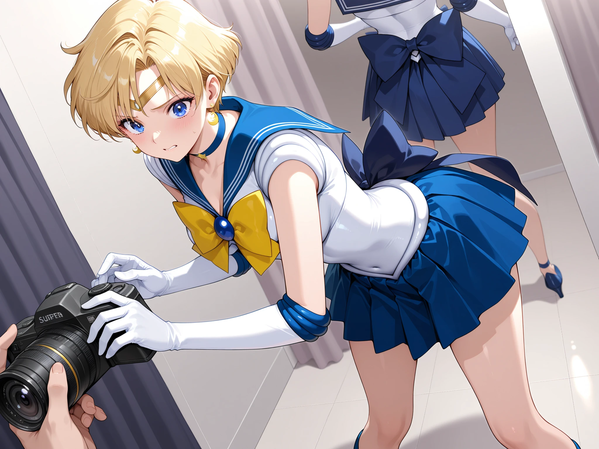 (La mejor calidad:1.1), (Obra maestra:1.4), (absurdos:1.0), retrato, primer plano,1girl, Marinero Urano, KizukiAi, Mujer madura, small breasts, aqua eyes, cabello rubio, Uniforme Sailor Senshi, Collar de marinero, arco de pecho, Arco trasero, Falda suplicante, Guantes blancos de codo, big booty, Ultra minifalda , jewely, Pendientes, leaning on a balcony, De espaldas, mostrando su trasero, nalgas bonitas, (crouched) (Micro tanga) (Postura de la espalda)