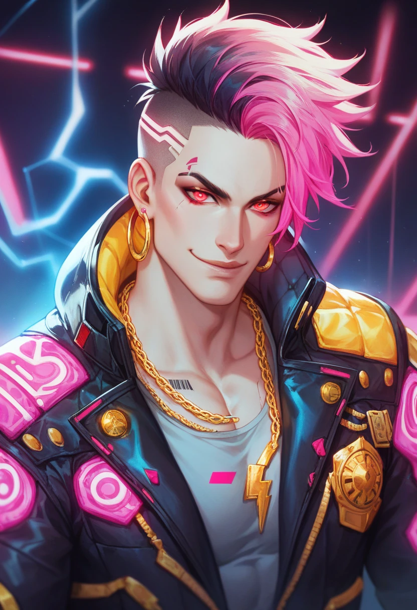 Adult guy, man, boy, bald, green eyes, smile, tattoo on head, punk leathet jacket, jeans, cyberpunk, shaman, spirits, Masterpiece, best quality, Full HD, 8k, ultra details, great graphic