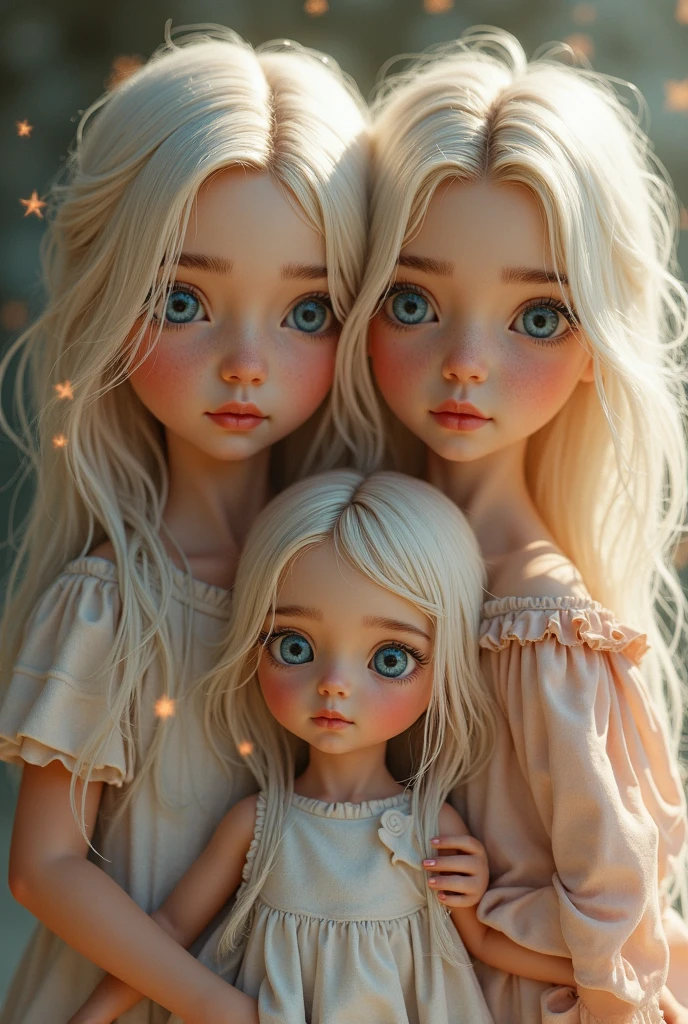Portrait of 3 girls German children long blonde hair TRAIDS 12 years old, ICE, NEVE, MUITA NEVE, GELO.