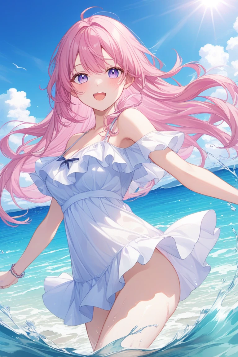 (Exquisite, beautiful, Very detailed, masterpiece, high quality,High resolution),(Soft and thin lines: 1.2, Beautiful and delicate face), (Fluffy fox ears,Fluffy tail,Beastly eyes,Small Mouth,High nose,小さなSharp Fangs),(((Big Breasts:1.8,forward leaning posture,A pose that emphasizes the chest))),(Revealing swimsuit:1.2,Race,Frills),She is fidgety and embarrassed,Laughing happily ,((Ocean:1.2,Sandy Beach,sunny,Cumulonimbus,Light of the sun,)),(Fluffy wavy bob hair,White skin and short eyebrows,Pale pink cheeks,Very small nose and mouth,Sharp Fangs,Plump pink lips,beautiful獣'Eyes,Quite large and fluffy bust,Plump thighs,),Bright colors,Colored pencil art,Floating Hearts,