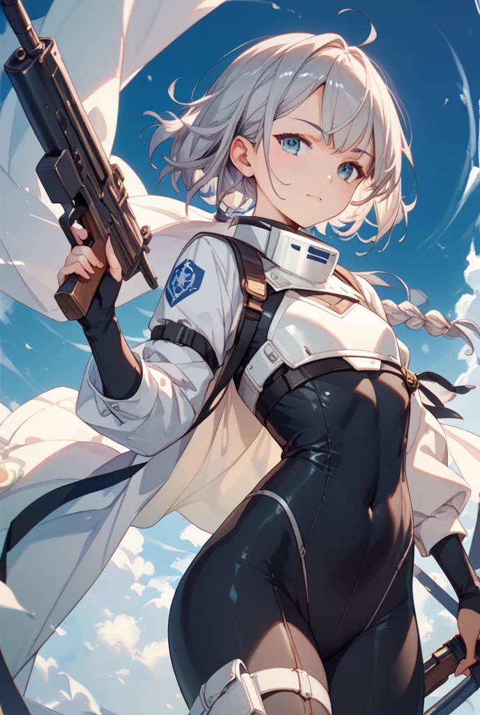 ((HD Realistic, SAMA1 Level)), Extreme Realistic,Masterpiece, Best Quality, High Resolution, SAMA1, Headgear, Sailor Sensi Uniform with Medium Chest, (silver Glove:1.1), (shiny grey Sailor Collar:1.2), (shiny grey Skirt:1.2), (Meteor Necklace:1.2), Elbow Gloves, Pleated Skirt, Bare Leg, (holding trigger on a shiny grey large caliper sniper rifle:1.3), Standing, milky way, Space, Moon, Smile, Stunning Face Details, Full Body Shot, shiny and straight platinum hair, catgirl, cat ears, real tail, smooth tail, shoulder length undercut, bobcut, fine fabric detail, looking at viewer, Norwegian, (leg lines:0.7), (shiny grey panties:0.8), (silver theme:1.1),( silver shoes:1.1), legs spread, (silver meteor showers:1.1), detailed military sniper rifle, thick thighs, thin silver thigh brace squeezing thigh, large silver comet, (silver underwear:0.7)