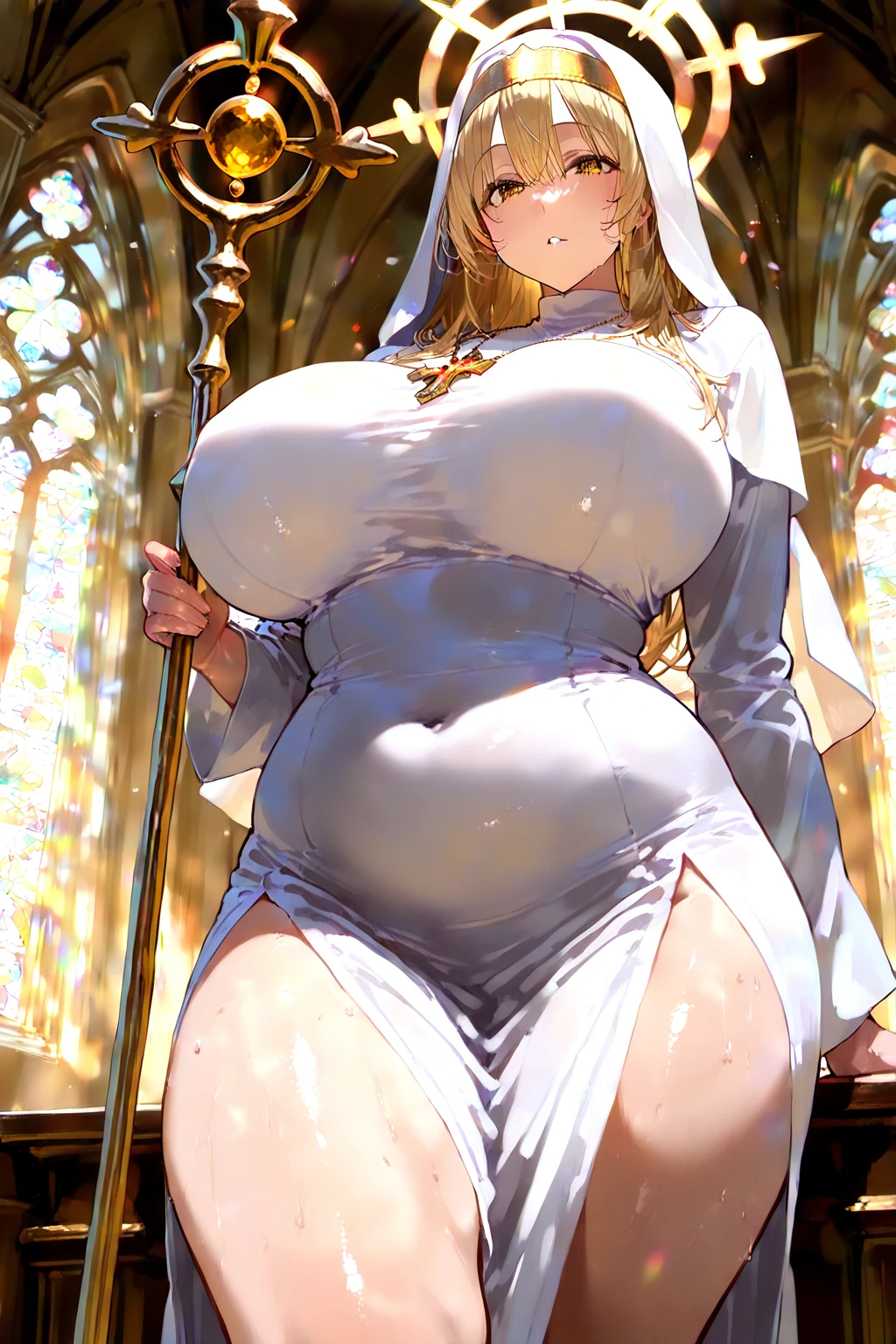 A girl，Long hair, Bangs, Blonde hair, Hair between the eyes, s eyes:（1.5),  (Large Breasts:1.2), 
rest  锁骨, Wedding dress，veil，wedding，White Dress，Flowers，The skirt is broken，White socks，Tights，White knee socks，
Looking at the audience, whole body,
indoors, church，permanent，permanent，
rest (masterpiece:1.2), best quality, high resolution, Unity 8K wallpaper, (illustration:0.8), (美丽细致s eyes:1.6), Extremely detailed face, Perfect lighting, Extremely detailed CG, (Perfect hands, Perfect anatomical structure),