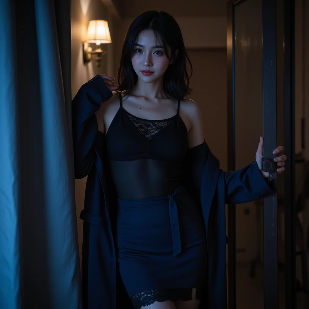 Beautiful teenage girl. 15 years old. 1 girl. Hogwarts student. Ravenclaw student. Ravenclaw logo. Wearing blue sexy transparent witch suit no pants. Small breast. No bra. No underwear. Blue Ravenclaw cloak. Wand. Her look represent the Wisdom and Witty persona. In front of Ravenclaw room. Standing pose. Powerful young witch. Black hair. Beautiful teenage face.