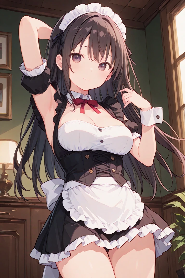 perfect anatomy, 1 beautiful girl, 24-years-old, Delivery health lady, black hair, semi long hair, messy hair, cute face, Drooping eyes, brown eyes, shiny skin, cosplay, Maid outfit, miniskirt, black panties, barefoot, lift up legs, dark natural light, living room,