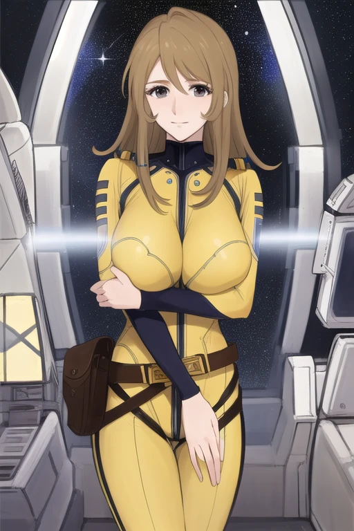 (((best quality))), (((masterpiece))), (((detailed))),
MoriYuki, (perfect face), (((detailed face))),
solo, closed mouth, light smile,
blonde hair, long hair, brown eyes, (((best quality eyes)))
MoriBodysuit, (yellow bodysuit), belt,
standing, looking at the viewer, from back,
science fiction, cockpit, starry sky, (big breasts), thighs, NSFW