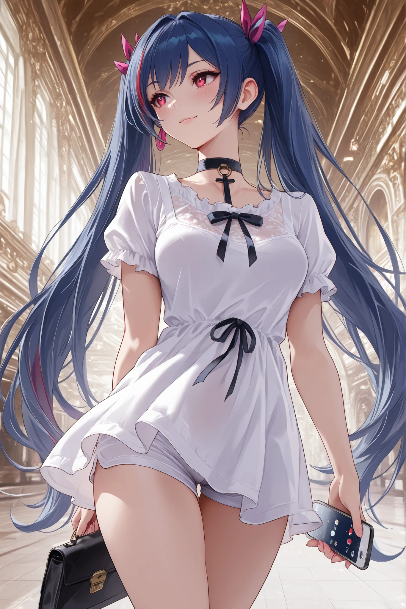 Dratena Belbury , masterpiece , best quality , amazing quality , 1girl, NSFW , chromatic aberration , very long hair , Red eyes, twintails , breasts, White Tshirt, Short shorts, Smile, Museum, walking through the museum, looking away, interested look, summer dress, phone in hand,red streaked hair, blue hair, middle breasts, extremely detailed face , detailed eyes , Greatest Masterpiece , TOP QUALITY , 8k ,