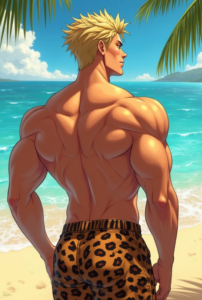 muscular boy,solo, sin Camisa , tanga ,De pie, playa,( ), sombreado suave , mbbbbb , 
 clear skin , blond, Blue eyes