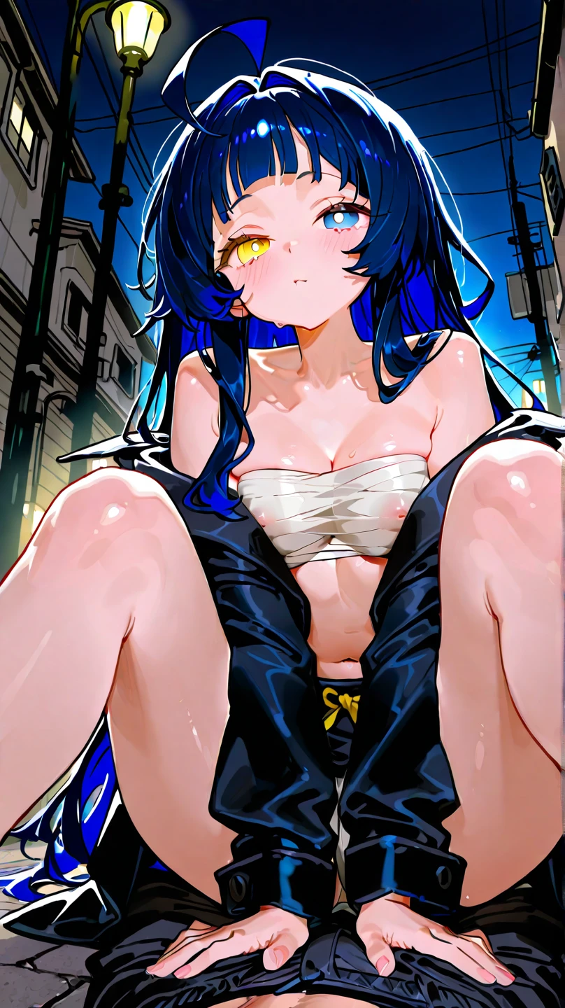 Cute naughty Assassin girl, Pastel colors hair, medium breasts, (Thighs, fishnet pantyhose, ninja costume), short hair, (dark blue hair:1.2), (naked:1.3), (forehead:1.2, bangs pinned back, asymmetrical bangs, hairclip, side ponytail:1,2), standard height, (Serious, Large eyes, yuruyuri)