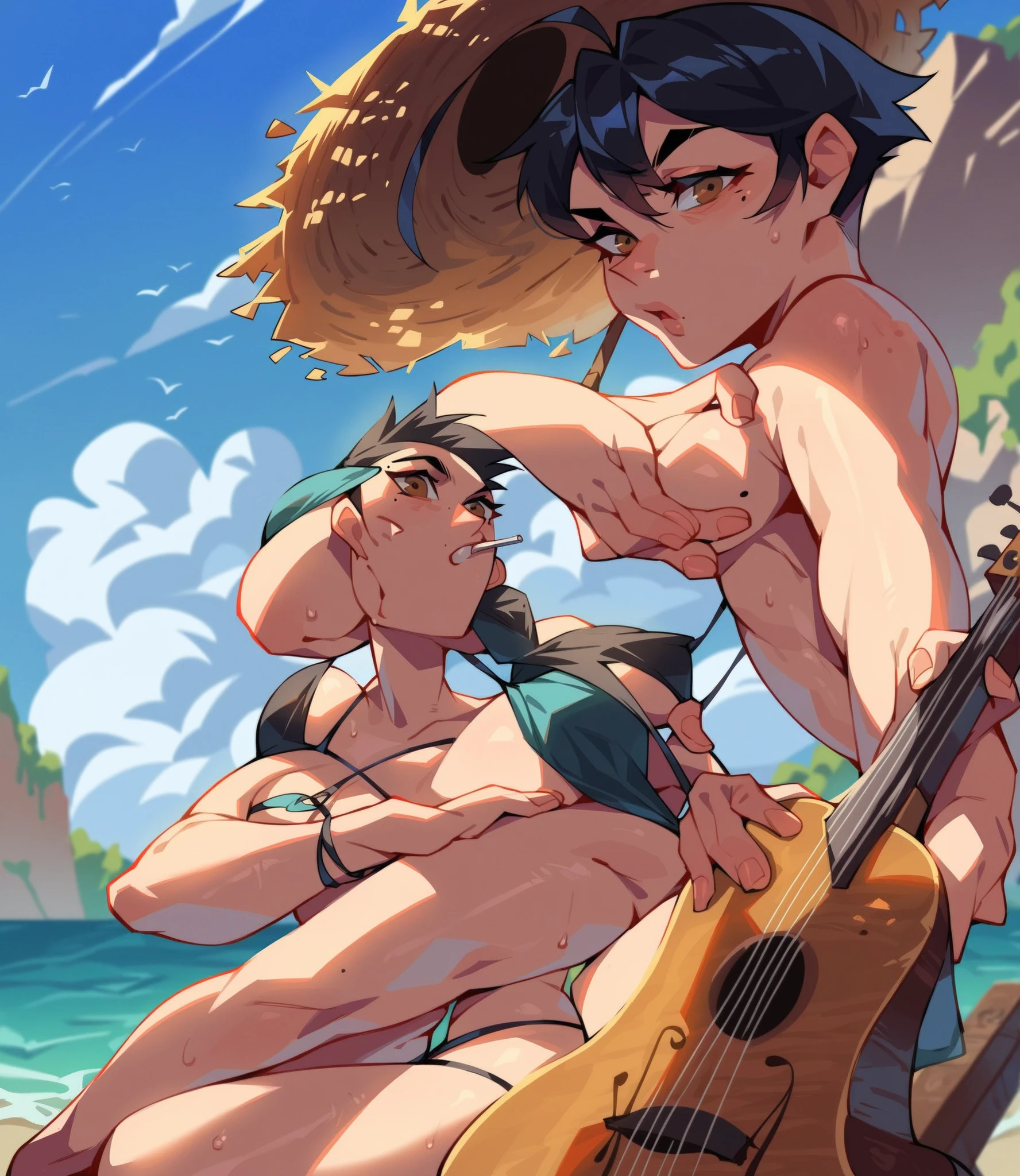 HD, High Quality, UHD, retina, ccurate, anatomically correct, super detail, high details, panorama, 2 boys playing in the water, inch, full body, barefoot, dark skin, full body tattoo, tattoo, tattoo, full body tattoo, swimming trunks, thong, , clouds, sun, clean blue sky, smile, panorama,