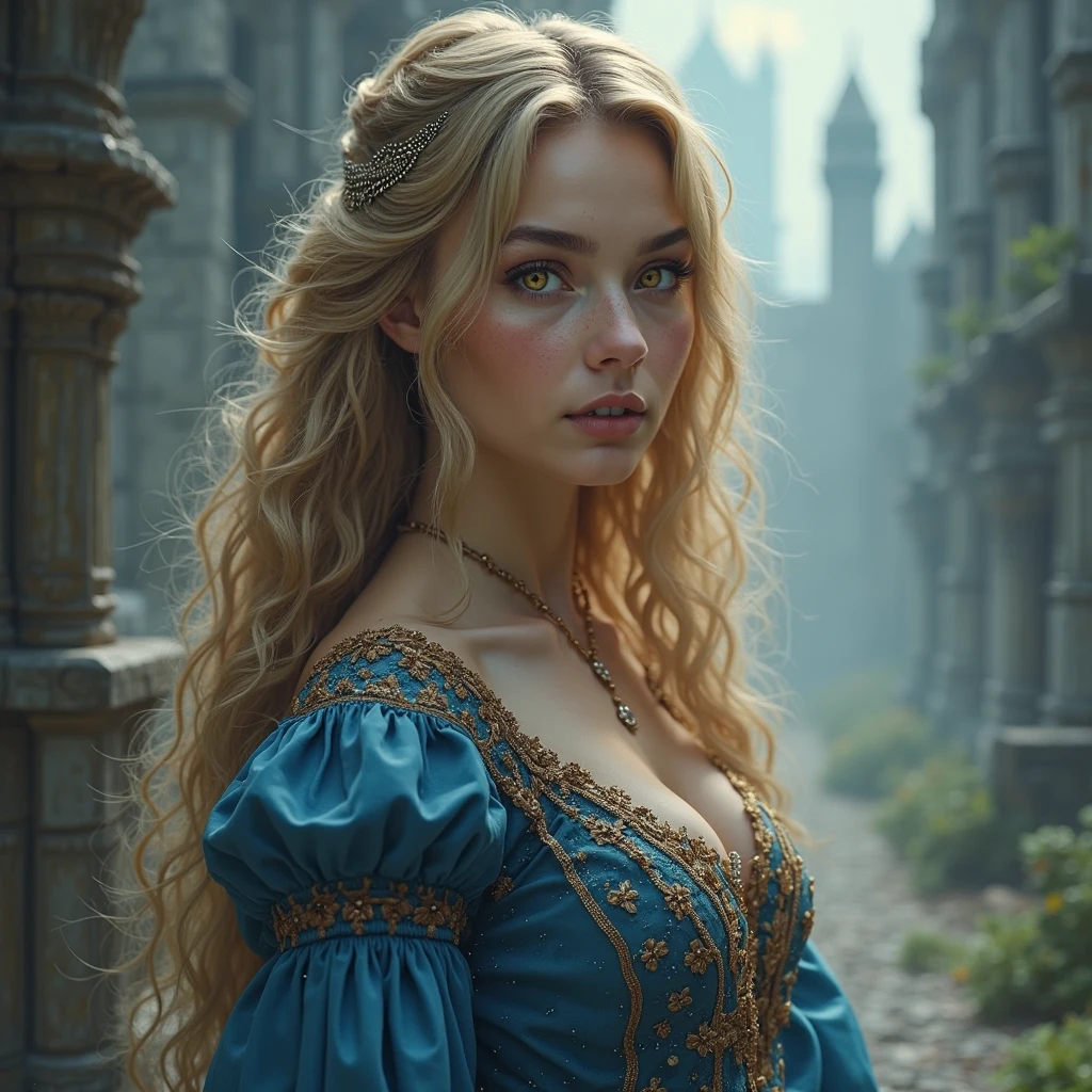 A detailed portrait of Lady Lunafreya from Final Fantasy XV. Render in a realistic style with soft lighting, highlighting her gentle expression and flowing blonde hair, styled in a braid, as a gentle breeze blows through it. She has kind blue eyes and fair skin with a natural glow. She is adorned in her signature blue dress with intricate embroidery, and the Ring of the Oracle rests on her finger. Capture a sense of both serenity and determination in her gaze.
