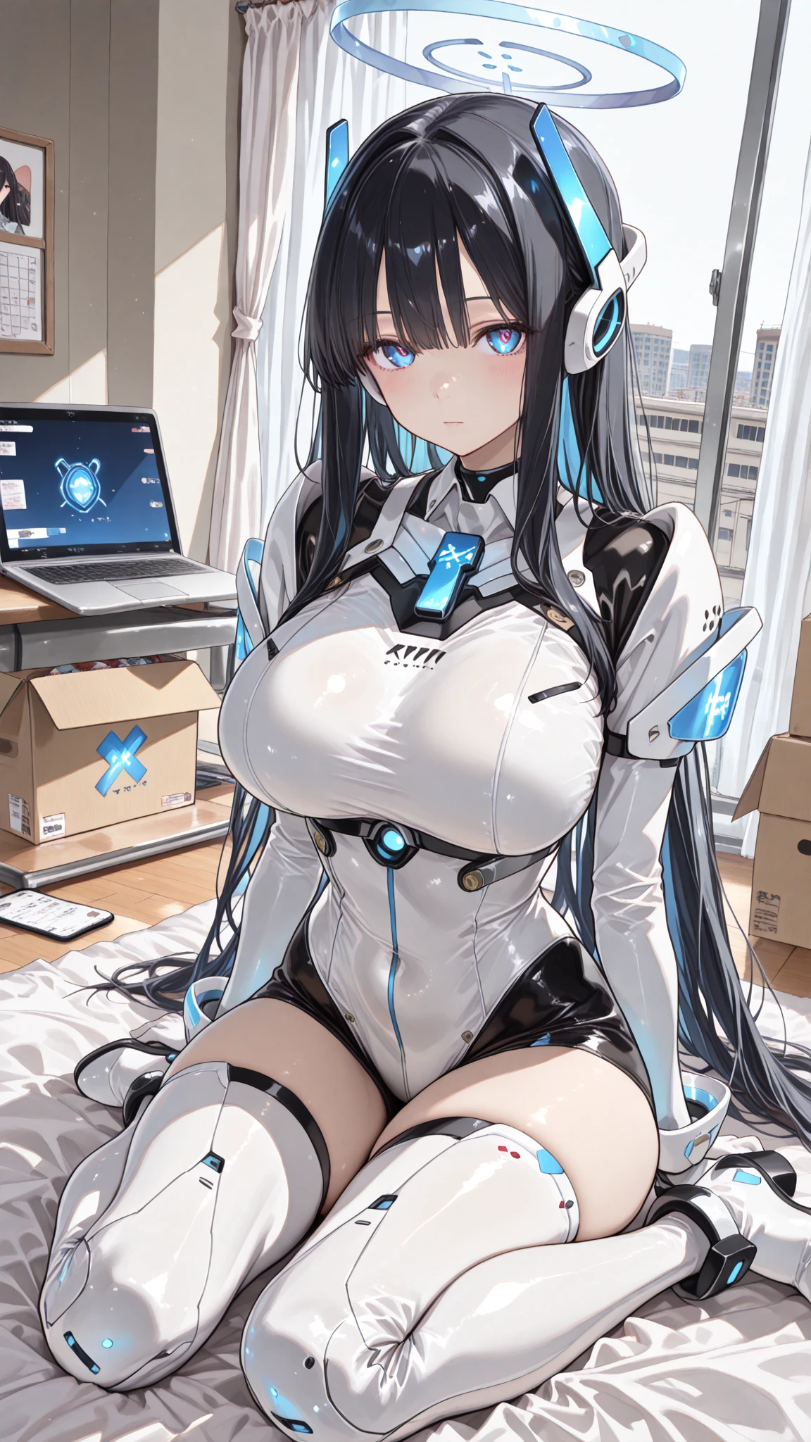 An absurd solution, High resolution, (masterpiece: 1.4), Super detailed, A young woman with dark hair dressed as an engineer, Blushing and excited expression, Sitting in a very small, enclosed mecha control room