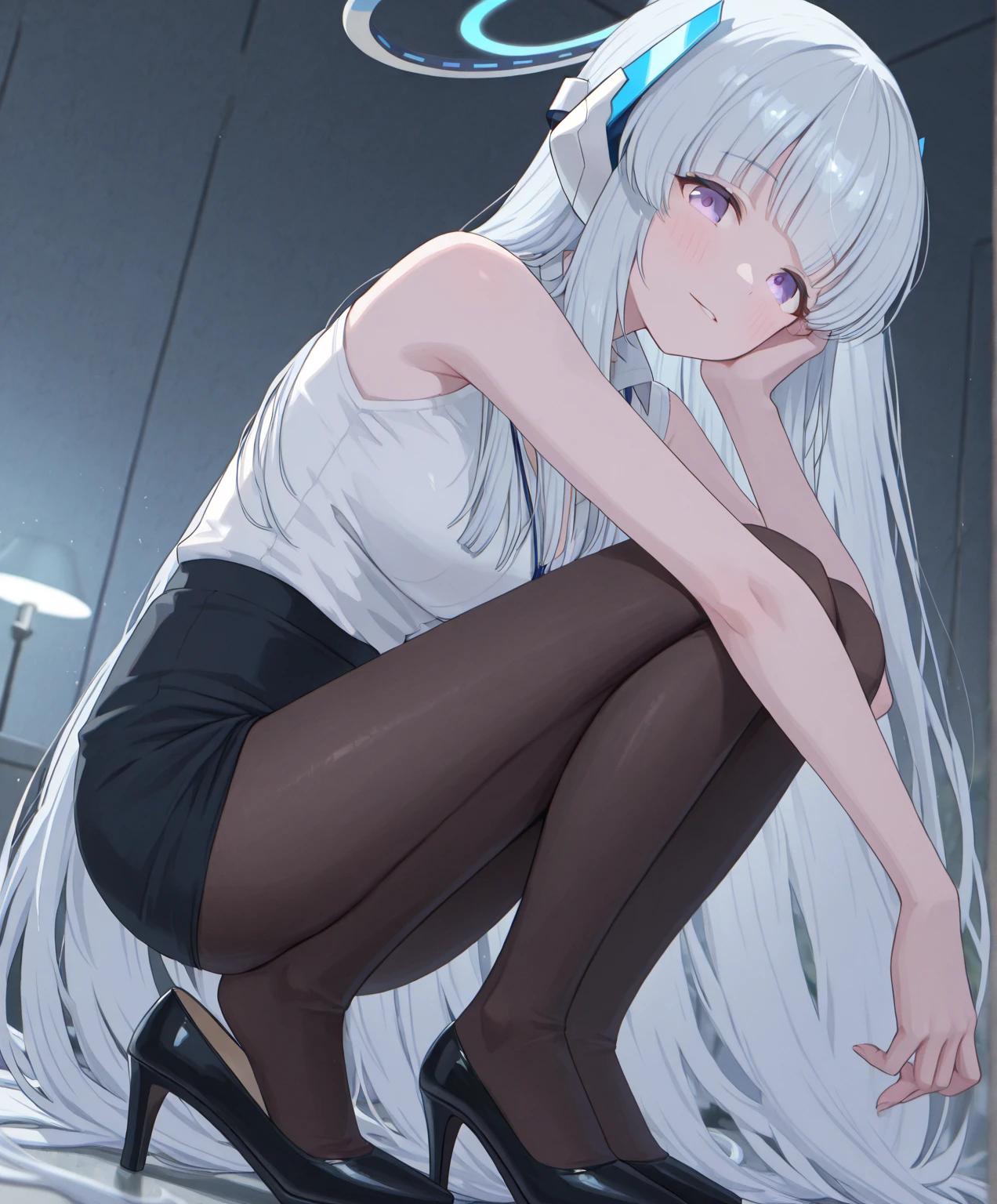 masterpiece, (highres:1.2), (ultra-detailed:1.3), (oil painting:0.8), (extremely detailed CG unity 8k wallpaper:1.1),
full body, solo, 1girl, looking at viewer, ((legs spread)), ((expose underwear)), ((Legs apart)), light particles,
solo,
blue archive, highres, hina (blue archive), long hair, looking at viewer, multiple horns, purple eyes,
smile, extra large breasts, very long hair, legs, dress long gloves, thigh stocking, bare shoulders,thigh stocking,
blouse, halo, indoors, shirt, sleeveless, sleeveless shirt, thighs, white hair, white shirt