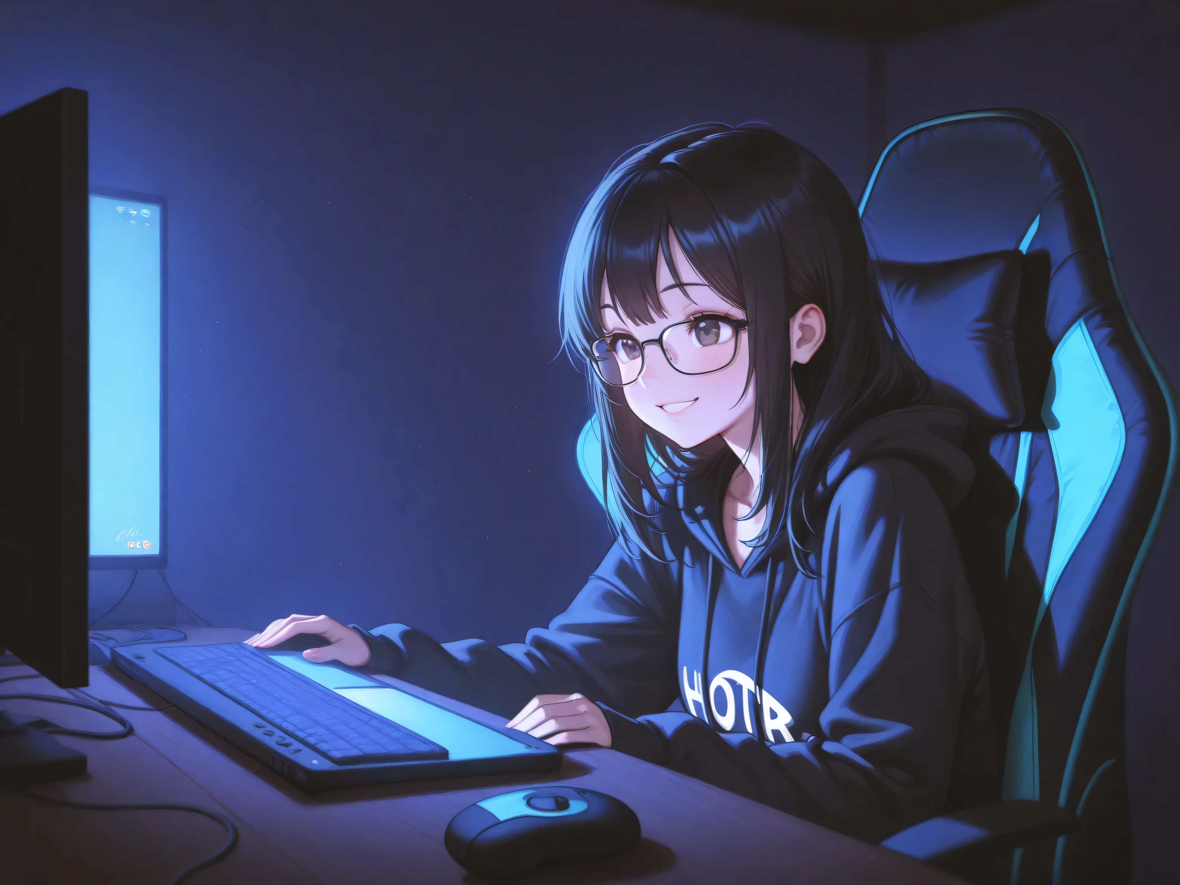 womanhood, dark haired, indoor, dim, gaming chair, PC, Hot atmosphere , glasses, Smile Yan, High Quality, 4K, Super Detailed