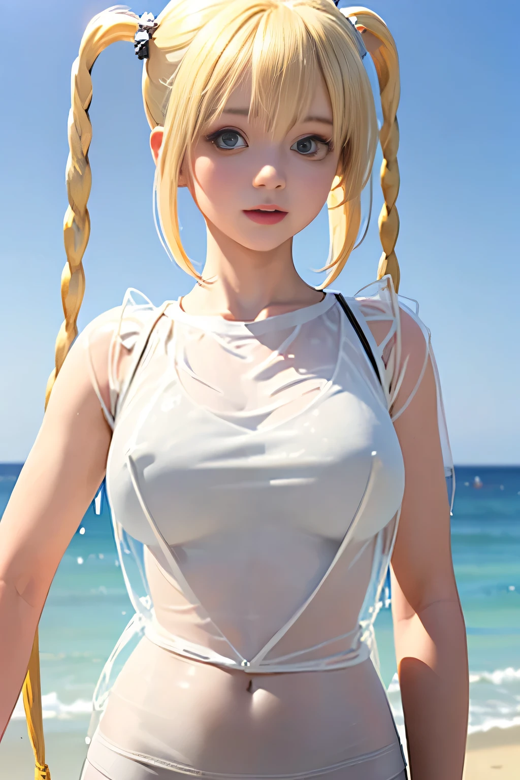 (NFSR8k:1.10, Highest quality, masterpiece:1.2), Very detailed, (High brightness:1.3), (High Contrast:1.1), (High chroma:1.1), (Anime screenshots:1.20), (((Perverted short girl:1.30))), ((hair ornaments:1.2)), Hair between the eyes, Blonde, bangs, ((short hair)), Green Eyes, skin, (((Long Hair:1.10))), (((Both sides up:1.10))), ((Beautiful Eyes:1.10)), (cuteeyes:1.10), ((Eye for details:1.5)), cute, (((((Big Tits:1.30))))), (((Puffy nipples))), (((((One white tank top with a large opening for adult men in size 3L:1.30))))), ((the body is slim:1.10)), ((Sensual blush)), ((Standing on tiptoes:1.5)), (Outdoor, Beach, Waterfront, Day), ((whole body:1.2)), (cute 卑猥なO顔:1.20, Stick your tongue out), ((Squat:1.10, Spread your legs wide:1.5)), (Shiny地skin:1.10), (Oil地skin:1.5), ((Very seating:1.10)), ((((A young girl obscenely squeezes her right breast with her right hand:1.45, A young girl obscenely squeezes her left breast with her left hand:1.45)))), ((Semen from a woman's vagina:1.30)), (((Basic structure of the human body:1.45)))