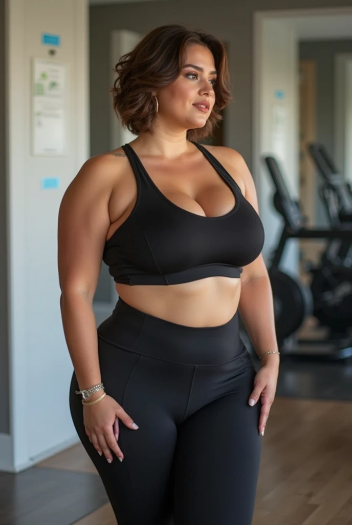 Plus size woman in gym, wearing glasses full body image , epic realism