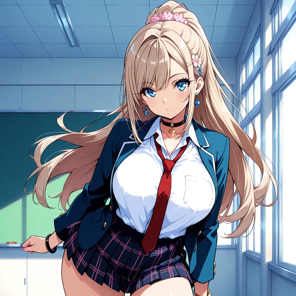 masterpiece, best quality, 1 young teenage girl. She has back-length strawberry-blonde hair and blue eyes. Entrancing blue eyes that threatened to always draw into it when gazing directly way. She is having an average height, possesses an extremely well-endowed figure. She is wearing the school's standard uniform with a buttoned crimson blazer which is also connected to and covering most of her white blouse. Within the centre of her formal attire, she sometimes uses either a dark red or blue ribbon tie. She has on a short-length white sailor striped pleated skirt. She put on black mid-calf socks that are below the skirt.