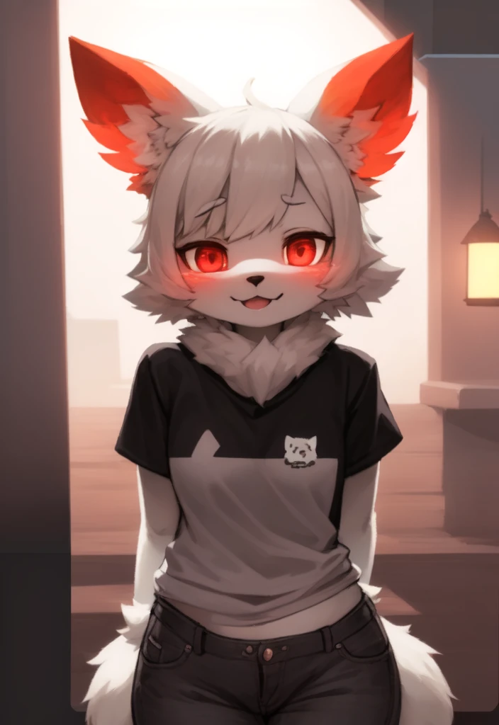 furry, white fur, ultra cute face, red elements on fur, glowing t-shrt, beautiful lights and shadows, ambient light, ultra detailed fur, volumetric light