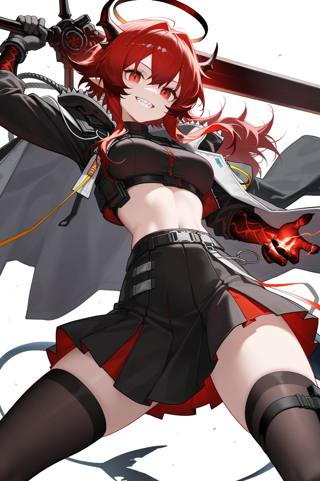 ((Best quality)), ((masterpiece)), (detailed:1.4), 3D, an image of a beautiful cyberpunk female, long burning red hair, burning hair, light brown eyes, red Barret, Black Soldier Shirt, Black under cloth, black panty, Grenade belt, Big chest, Big thigh, High thigh black knee sock, full view of girl, battlefield background, black combat boot, red necktie, black glove, black combat suit, black jacket, black cloak, black panty, ammo belt, HDR (High Dynamic Range),Ray Tracing,NVIDIA RTX,Super-Resolution,Unreal 5,Subsurface scattering,PBR Texturing,Post-processing,Anisotropic Filtering,Depth-of-field,Maximum clarity and sharpness,Multi-layered textures,Albedo and Specular maps,Surface shading,Accurate simulation of light-material interaction,Perfect proportions,Octane Render,Two-tone lighting,Wide aperture,Low ISO,White balance,Rule of thirds,8K RAW,
