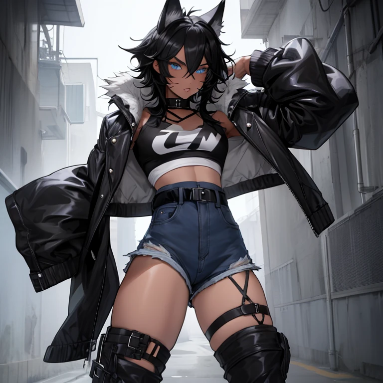 A girl with dark blue hair has a large penis growing out of her vagina, Cat ears and tail, Wearing a black bikini and racing shorts　Loli body type　　Twin tails　　　　Flat Chest　Wearing a hoodie　Butt details　Hold the ninja sword　　
