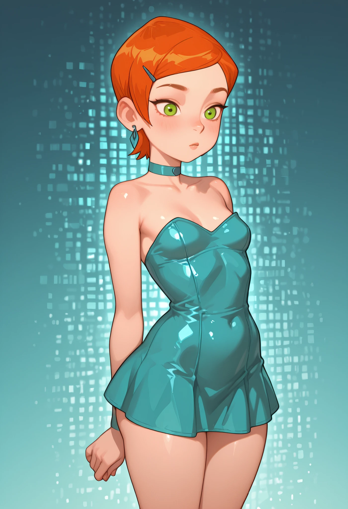 Gwen Tennyson . ginger . short hair . green eyes . small breasts, huge hips . slim body . choker .masterpiece, best quality, 1girl, solo, short dress, strapless dress, Aqua dress, simple background, disco background, neon