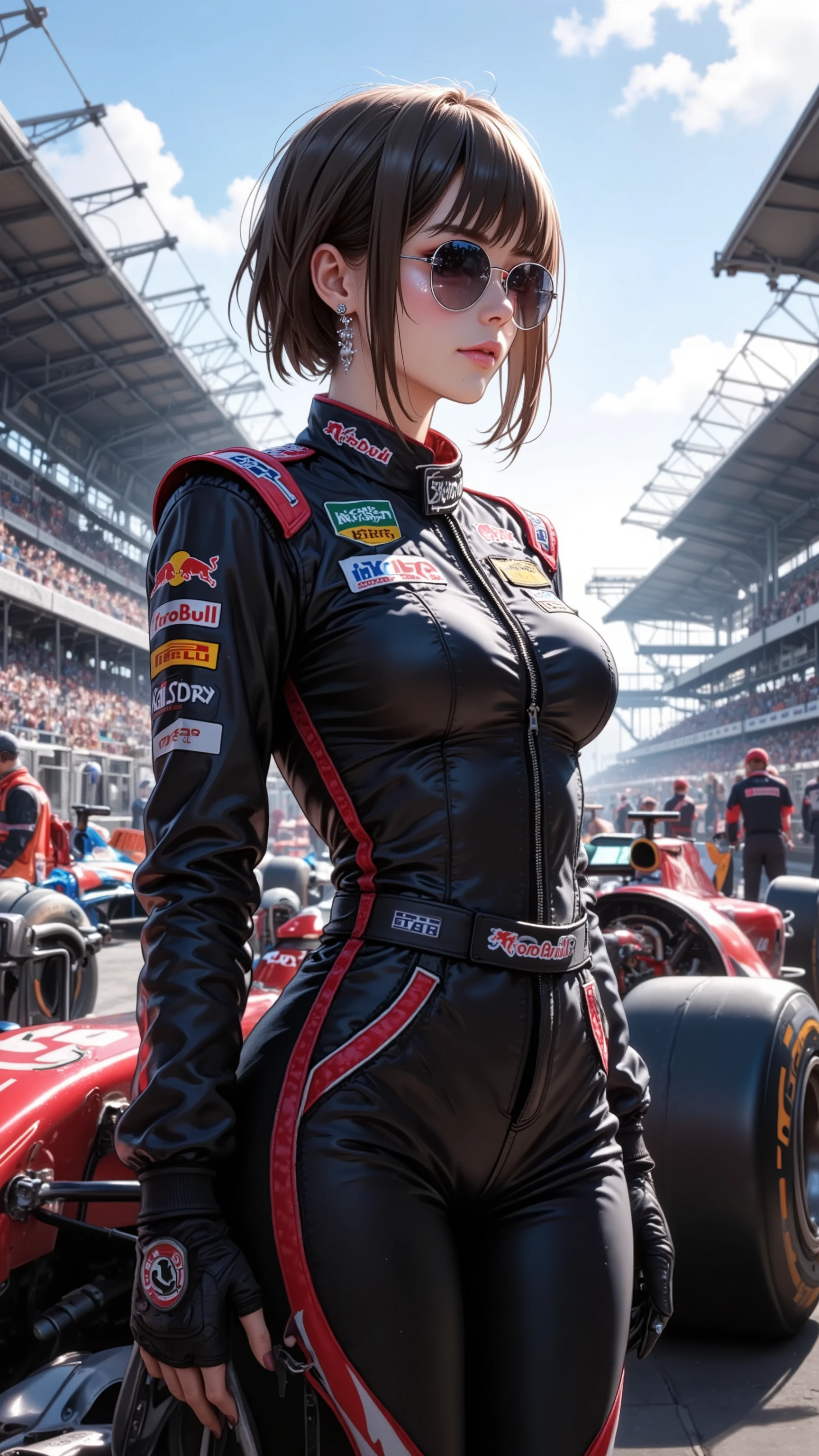 Ultra High Definition, Masterpiece, perfect detail, Motor Sports, woman in racing suit, F1 machines, tight racing suit, With zipper, short hair, sunglasses, fingerless gloves, Pit lane, modern racetrack, Brilliant Light, Sporty vibe, professional atmosphere