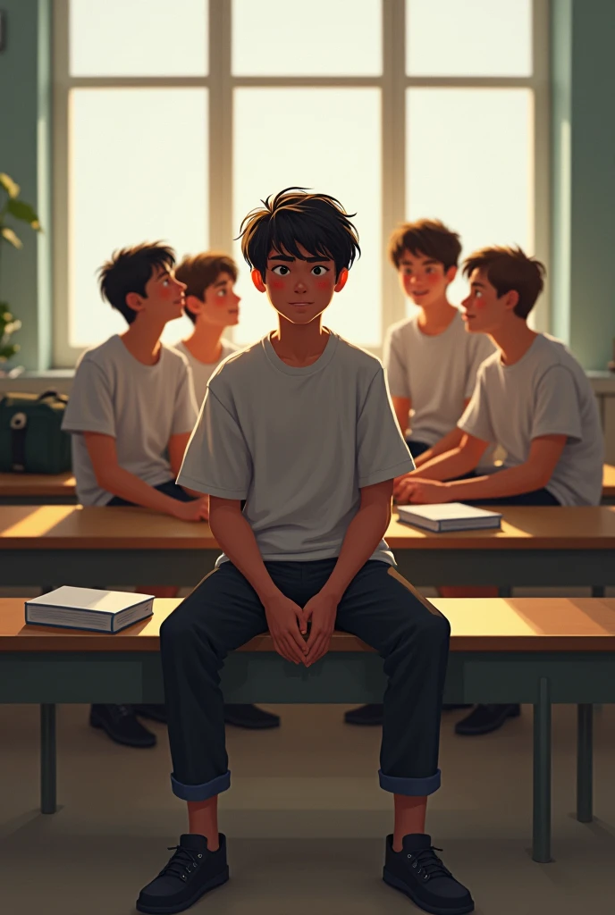 WHOE Classrome are watching back on one student who is standing next to his desk on the left side next to window and he looks scared 