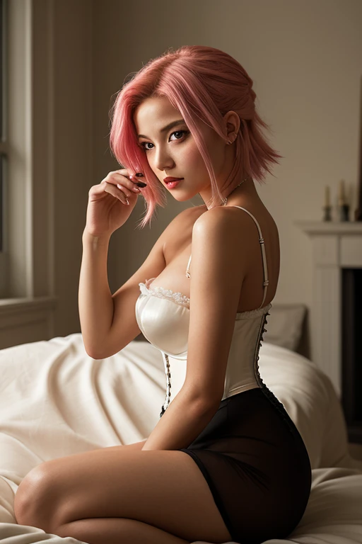 Cute super delicate girl in a pink lolita dress with rainbow hair. short, pixie cut, Ultra high image quality, see through, lacy camisole, see through, frilly, ruffles,
The background is post apocalypse city scape, damaged and dusty
Dark lighting, low key lighting, dark and gritty, large breasts, cleavage, abdomen, sexy pose, sexy expression, white stocks,
The view is from the ground, below the subject, looking up