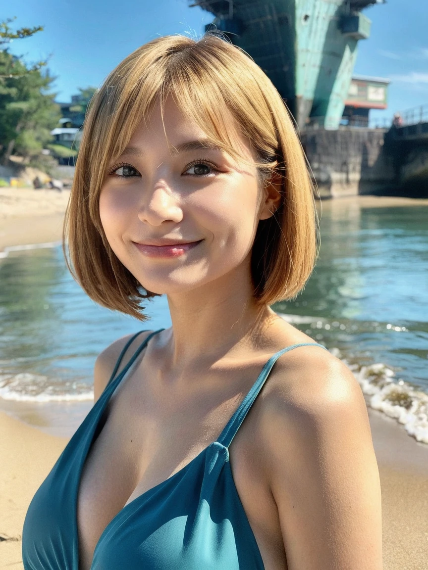 masterpiece, high-quality, anime illustration style, a young woman, wearing black sleeveless, short bob Hair, holding hat behind head with both hands, sunny summer day with the blue sea
