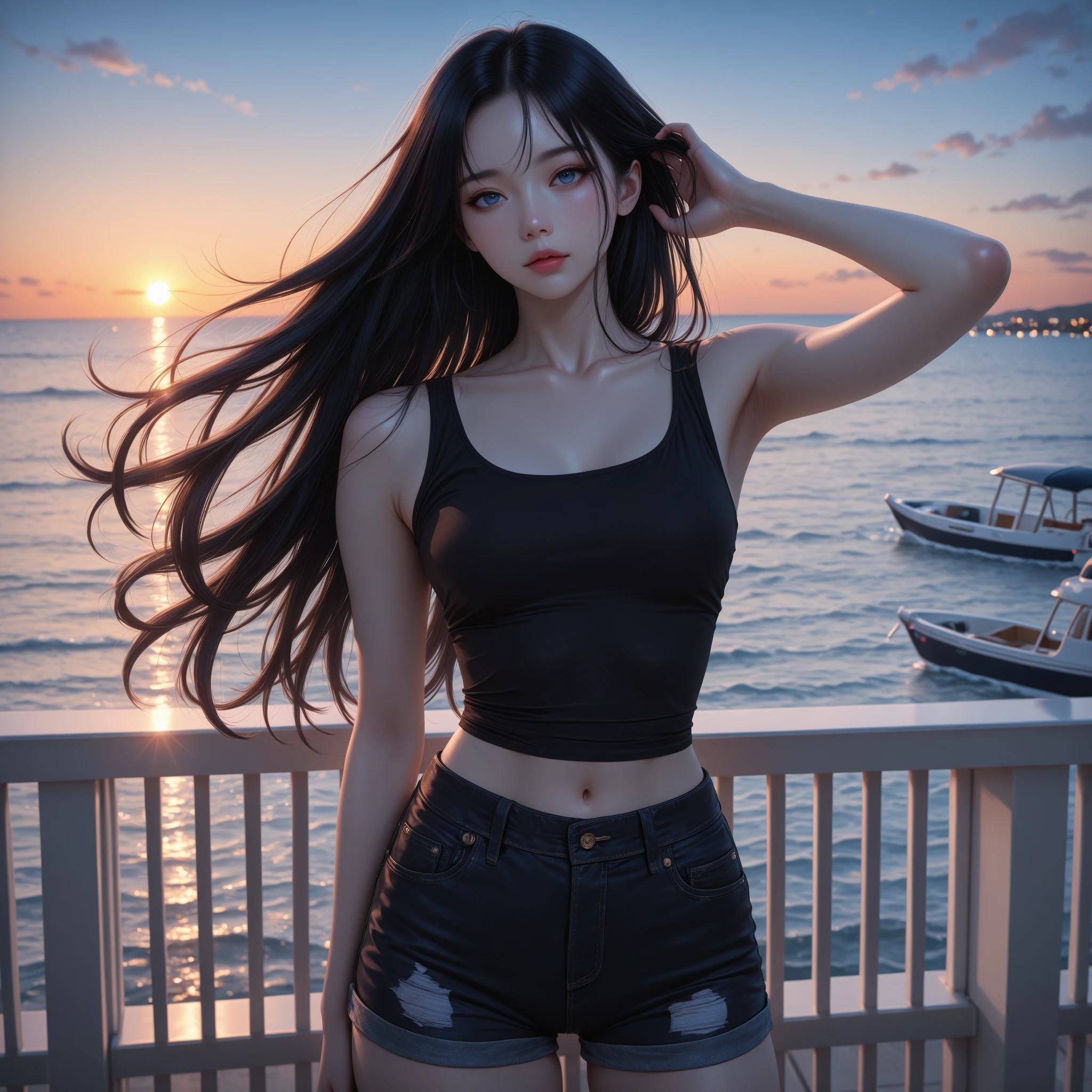 woman with black hair, grey-eyed, Caucasian skin, lying surrounded, grunge style, bangss, small eyes, Bela , 8K, white wigs,SUNSET, 2000s, toned full body