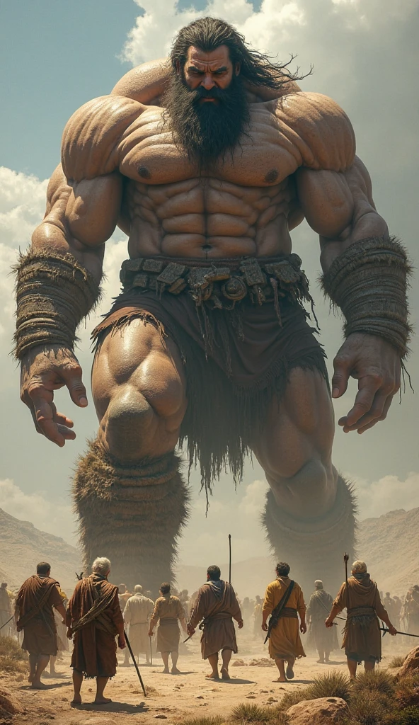a monstrous giant butcher towering over a vast desert landscape, extremely detailed, muscular body, sharp butcher knife, tattered clothing, piercing eyes, gritty and rugged environment, dramatic lighting, cinematic composition, fantasy, dark and gritty, (best quality,8k,highres,masterpiece:1.2),ultra-detailed,(realistic,photorealistic,photo-realistic:1.37),cinematic lighting,dramatic shadows,moody atmosphere,muted color palette