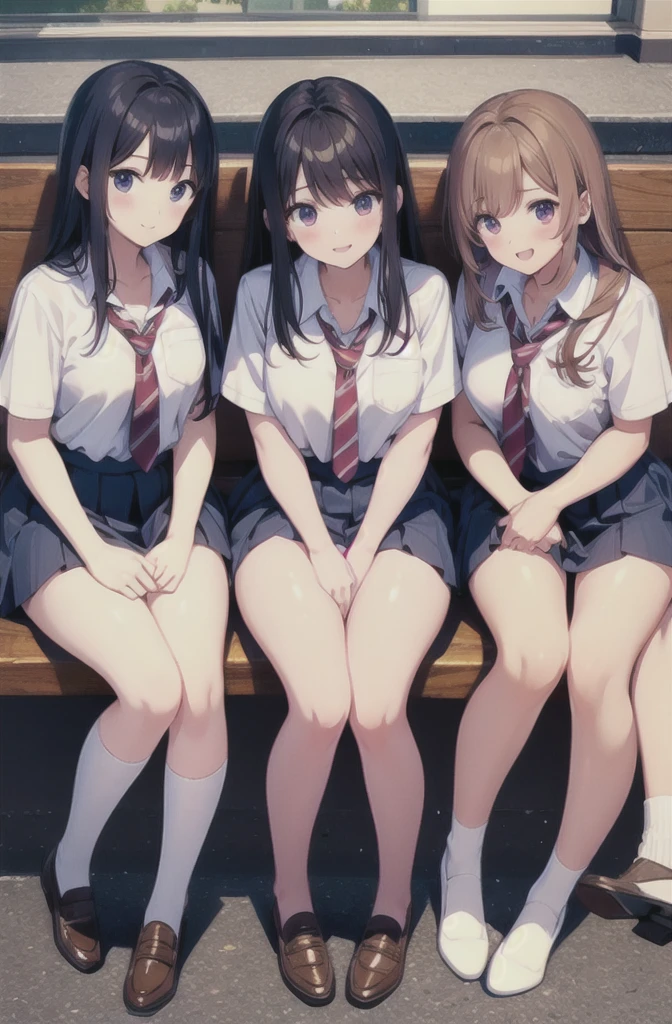 Highest quality, Ultra-high resolution, (Realistic: )2D official style cel animation,((Two girls sitting in a row))Navy Blazer、Navy blue mini skirt,(Lace panties),loose socks,sneakers,Full body portrait,(From below),Station stairs,sunny,Embarrassed face,Spread your legs、from the front