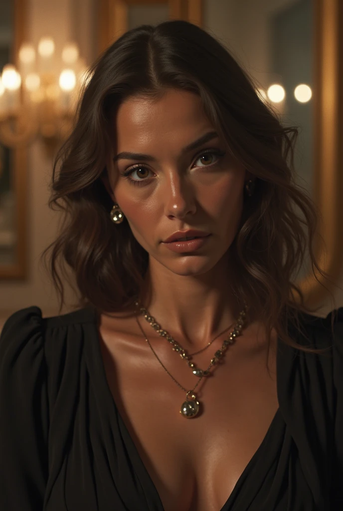 A beautiful woman with long dark brown hair and bangs is featured in the image. She is dressed in a gold dress with a deep V-neckline and is adorned with exquisite gold jewelry, including a necklace and a pair of earrings. She has sharp facial features, long eyelashes, and is looking into the distance with a serious expression. The light highlights her features and the texture of her hair, enhancing the elegance and charm of the scene.