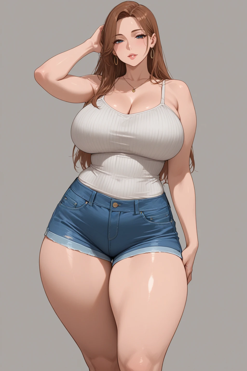 Ponytail, large breasts, camisole, shorts, cleavage, thighs, (close shot)