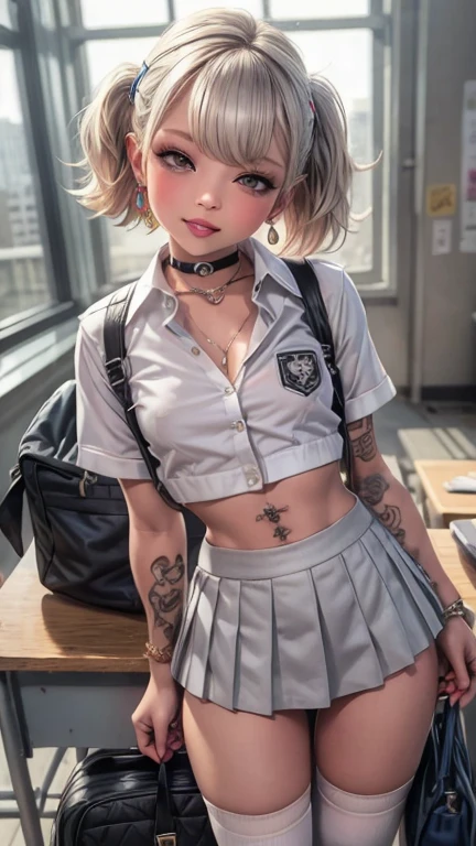 schoolgirls，No top, short white hair, The upper part of the body, Front, Flat chest