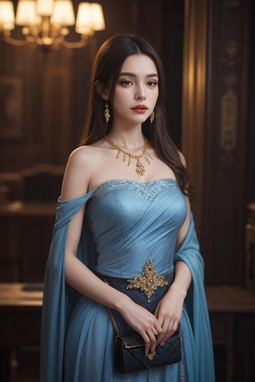 a woman in a blue dress with a gold necklace and earrings, fantasy art style, fantasy woman, beautiful fantasy maiden, beautiful fantasy art, fantasy style art, detailed fantasy art, beautiful fantasy art portrait, beautiful character painting, karol bak uhd, detailed fantasy digital art, realistic fantasy artwork, beautiful alluring anime woman, beautiful genie girl, beautiful fantasy portrait