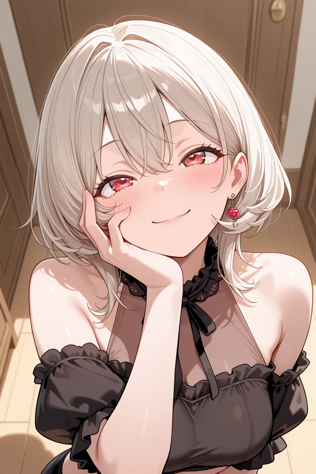 ((Лучшее качество)), ((шедевр)), (подробный), Anime Chan is on her knees, in ???, in red lingerie, her tongue is sticking out.