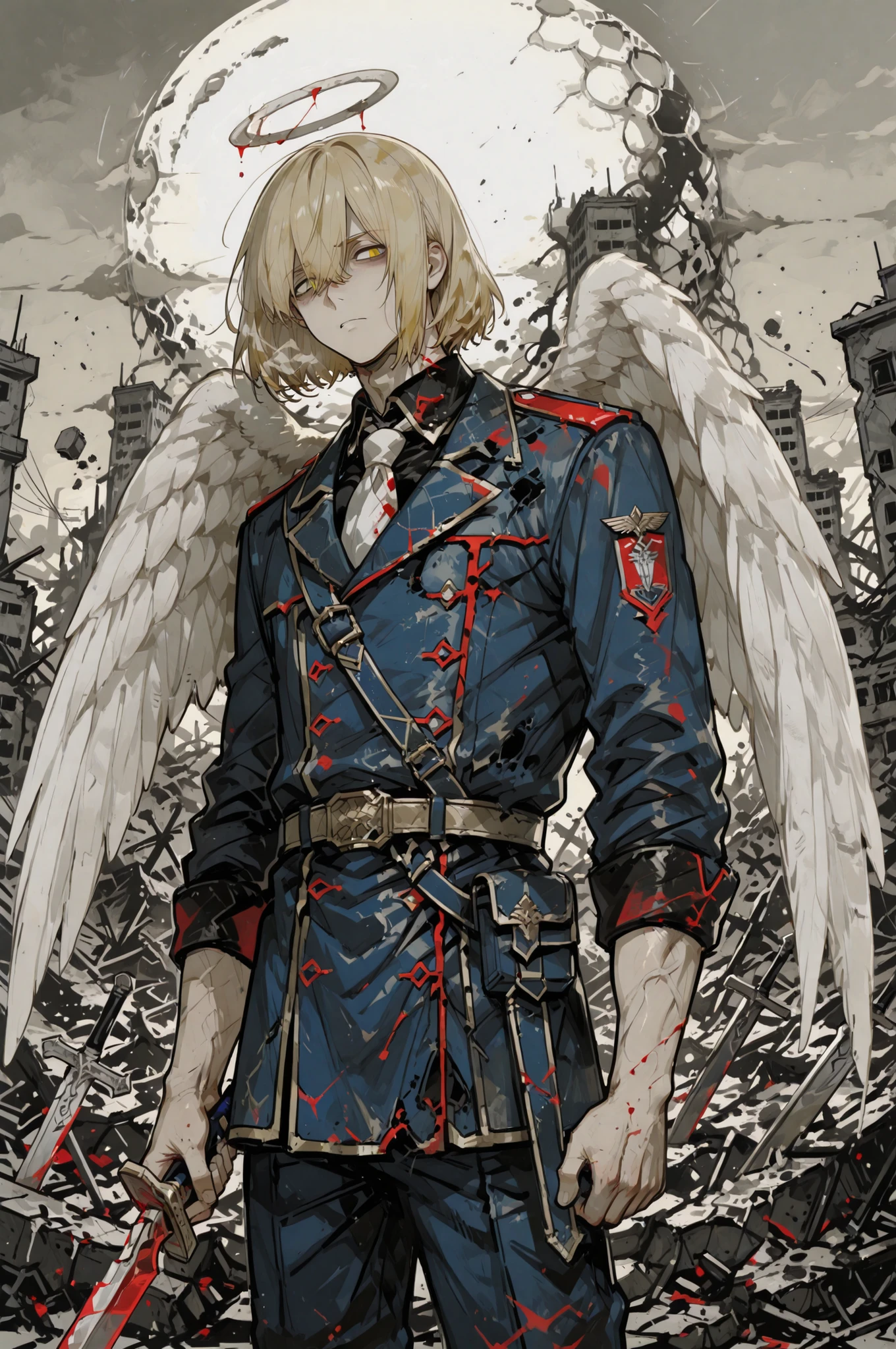 handsome anime-style man, male, around 23 years old, blond silky hair in a neck-length bob, all bangs swept strongly to the side, strong side-swept fringe, thin eyebrows, angel, large pure white wings growing from his back, European-style military uniform, slender yet muscular build, waist up, half body, from waist up, holding two bloodstained swords with both hands, crossing them in front of his chest in an X shape, cold and slightly seductive expression, captivating eyes, background of a ruined world with destroyed buildings and scorched earth, dramatic lighting, high resolution, high quality