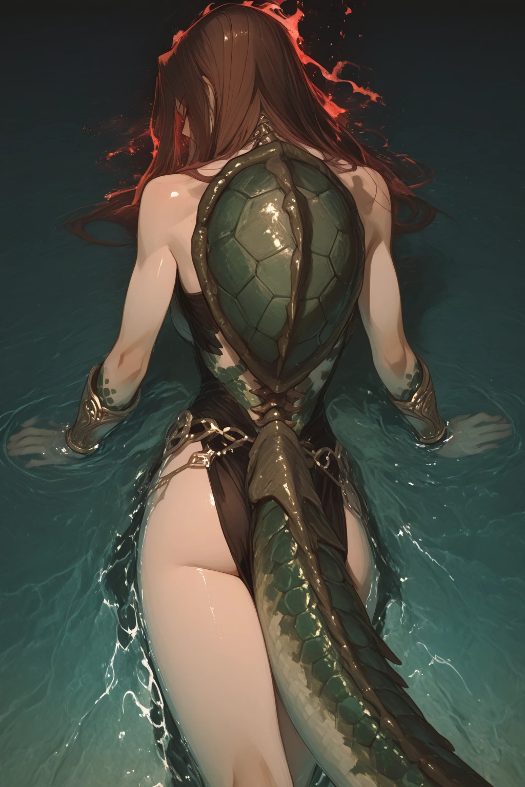 Woman, (Human/Octopus Hybrid) Green Hair, Long HAir, Very Large Breasts, (((Lower body of an Octopus))), (Tentacles instead of Legs), Bikini TOp, Underwater