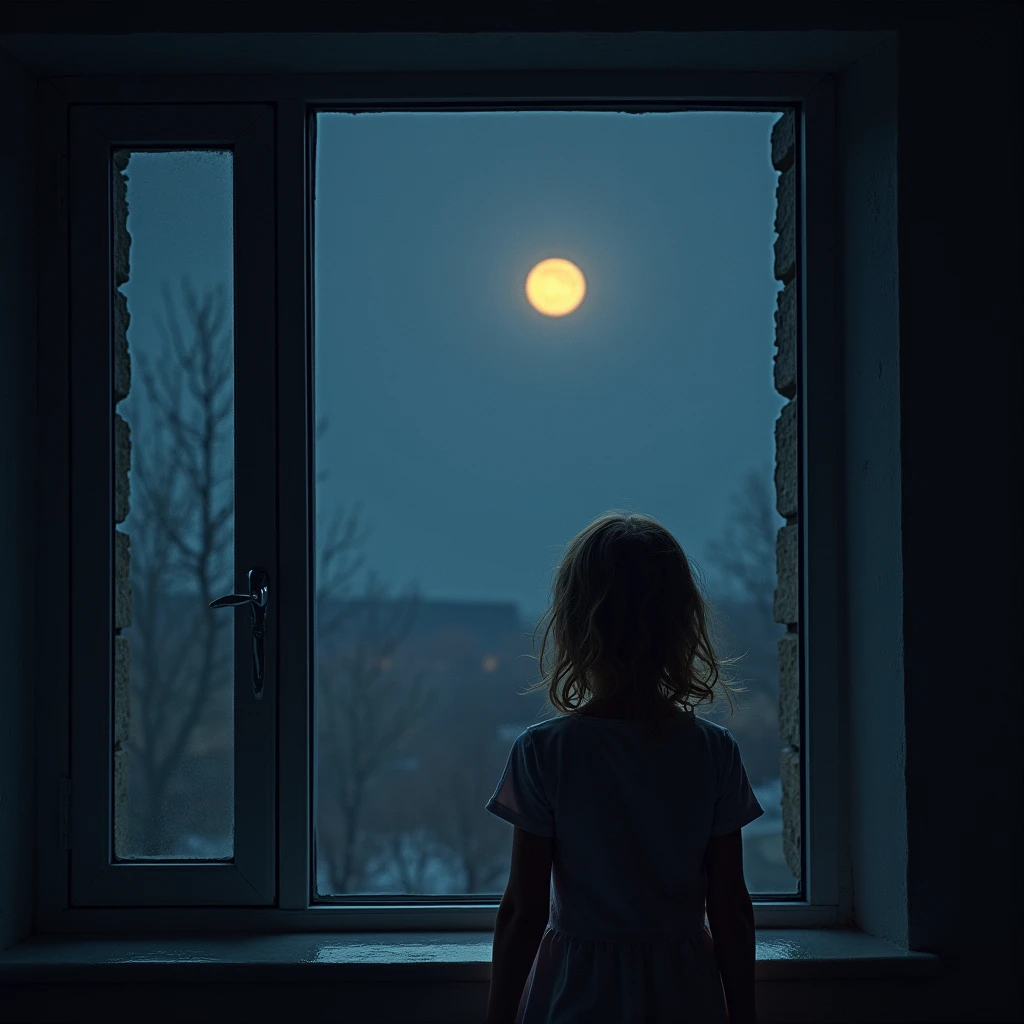 a girl staring at the moon from her bedroom window