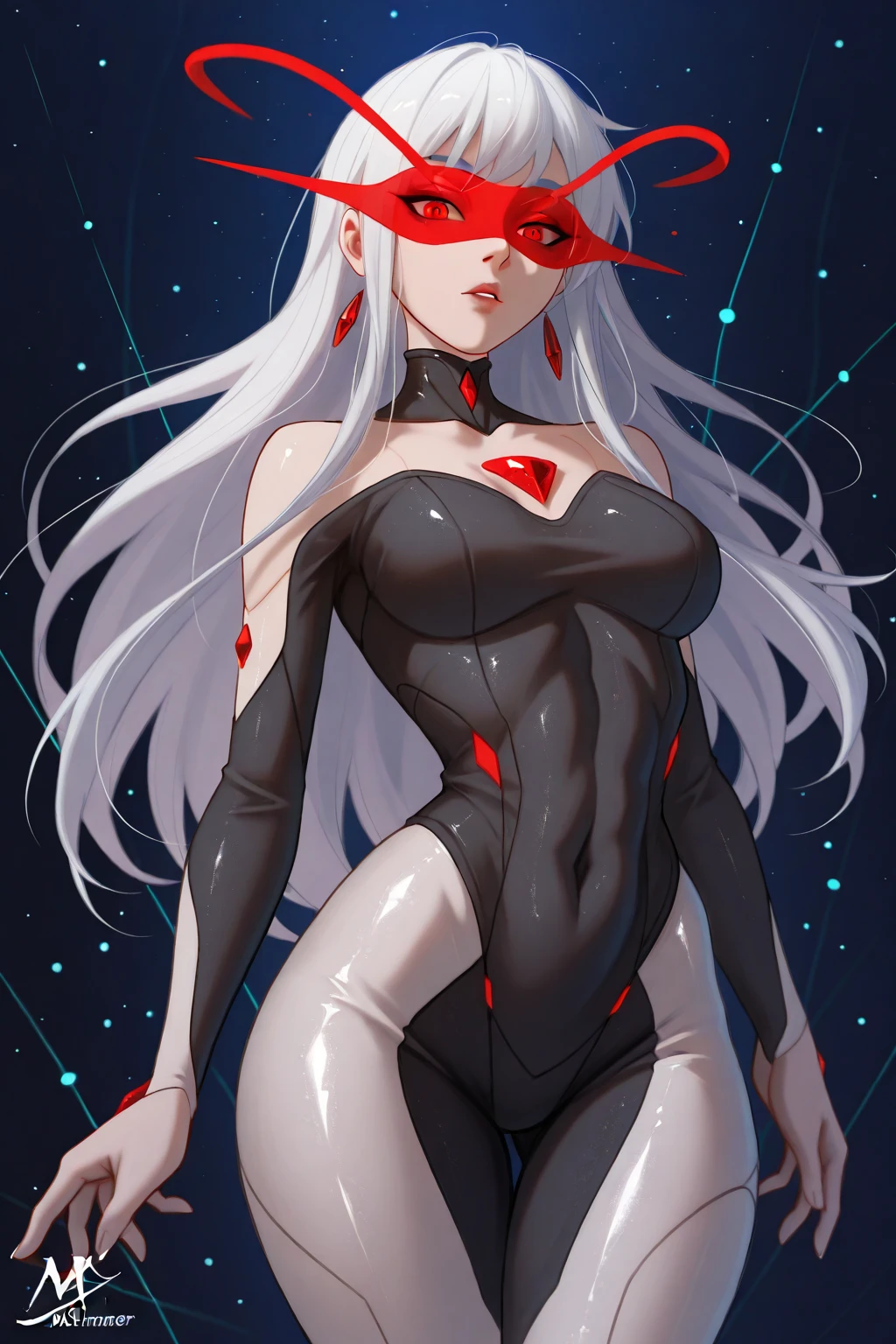 Sakura, evil smile, masterpiece, best quality, detailed, 1girl, solo, (body marks, corruption), red ribbon, room with sunlight, good anatomy, crossed legs, detailed face, hd, white skin, pale, black dress, sensual, sexy, sensual pose, sweat, lots of sweat, white hair, medium breasts,