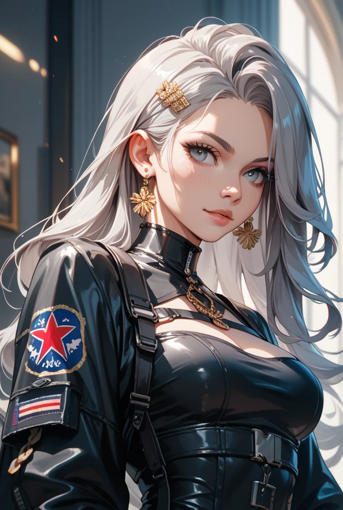 photorealistic, high resolution, 1women, solo, hips up, look at viewer, (detailed face), white hair, long hair, military uniform, jewelry
