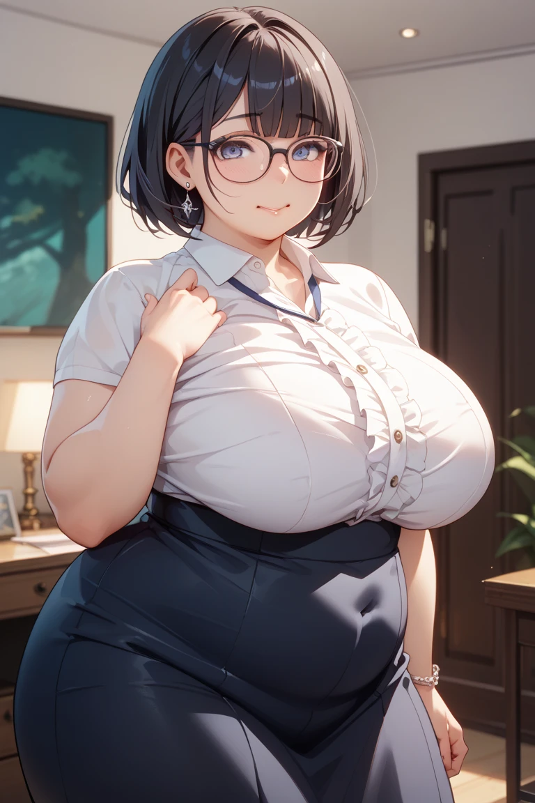 ((masterpiece, best quality, high quality)),1 Girl, ((Uncropped,Lower Body, Hospital)), (1 Girl, 3dcg 09, (((Large Breasts、Breast sagging、Low-cut，Cleavage，Wide hips,)))((Long legs)),Hourglass figure))Black-framed glasses, eyebrow_pass_hair, Glasses, Large Breasts, light brown hair, Honda Optical Sound, Purple Eyes, short hair, Solitary), (Nurse_old_style_01, apron, Nurse cap, Short sleeve, Striped dress, Puff sleeves, Vertical stripes, Nurse, white apron, puffy Short sleeve, Pantyhose),