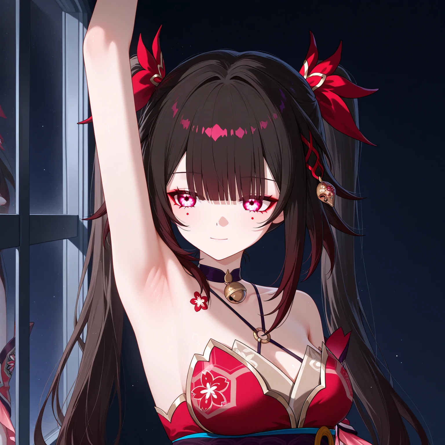 anime panel,upper body, 1girl,solo Korean, long black curly hair with red highlights, red, slanted eyes, casual clothes, ear piercing, necklace, hair illuminated by party lights, party background, long chic dress, smiling showing teeth,closed eyes,blushing