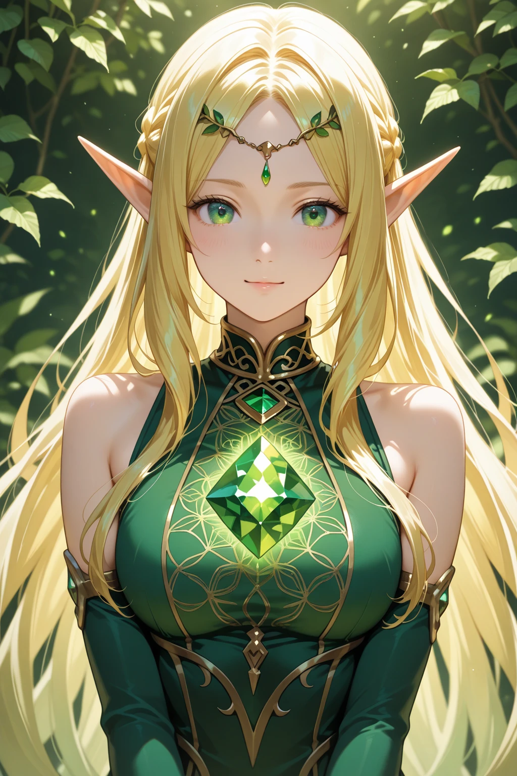 1girl, solo, long hair, breasts, blonde right eye, brown green eyes, used, brown left, hair ornament, elf ear, bare shoulders, medium breasts, upper body, flower, butter blonde hair, parted lips, hair flower, side, lips, facial mark, bracelet, deer antlers, in the forest, night trees,