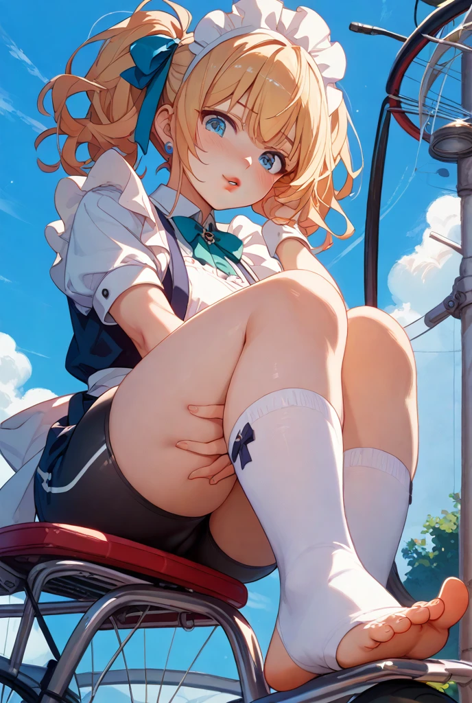 score_9, score_8_superior, score_7_superior, sauce_anime, evaluation_Safety, BREAK igarashi rika, One girl, inirtual youtuber, Green Eyes, Striped Hair, Brown Hair, Single hair bun, One-sided bun, Long Hair, hair ornaments, Hair Clip, Earrings, Black Choker, Open jacket, Orange jacket, puffy long sleeines, Blue clothes, sleeineless dress, Off the shoulder, Frill dress, Black Dress, Cross Strap, Yellow Belt, Asymmetrical legwear, Black knee socks, Orange socks, Checkered socks, boots, floating, floating hair, in, Grin, Dutch Angle, Have a phone, balloon, Confetti, Shine, blue sky, cloud, sunlight, Lens flare, BREAK, Spread your legs wide, Showing off your underwear, White cotton panties