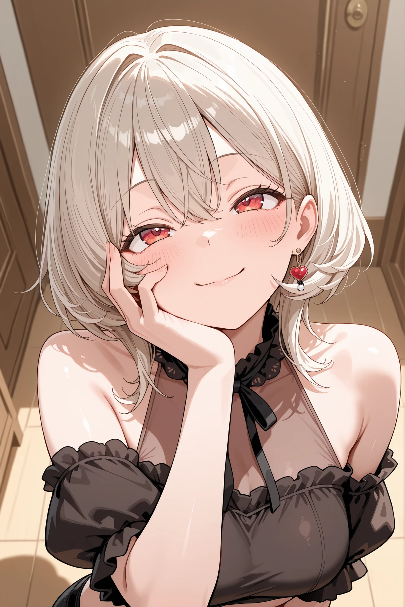 A woman tilting her head, looking up with a playful gaze. One hand rests on her cheek, showing a mischievous smile. Her puff-sleeve top adds both charm and sexiness.