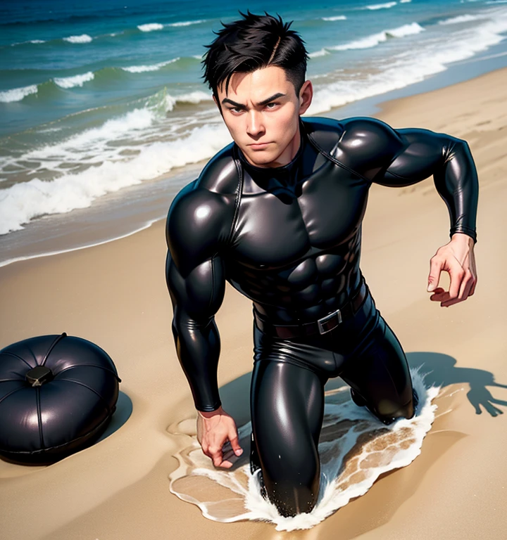 RAW, Masterpiece, Super Fine Photo, Ultra High Resolution, Photorealistic, Sunlight, Full Body Portrait, young man wearing a full body, black and yellow wetsuit, slight manly buldge, black hair with blonde highlights, smiling face, open mouth, gold teeth, standing on a sandy beach facing the ocean carrying a full length surf board, cybernetically enhanced, pigeoncore, neo-dadaist, mechanized precision, people swimming in the ocean, boats floating, in the style of mecha sci-fi anime, 8k, best quality, highres, Unreal Engine:1.4,Ultra-realistic 64K CG, Photorealista:1.4, Skin Texture:1.4, Volumetric fog, 8k uhd, dslr, high quality, film grain, fair skin, photorealism, lomography, translucent