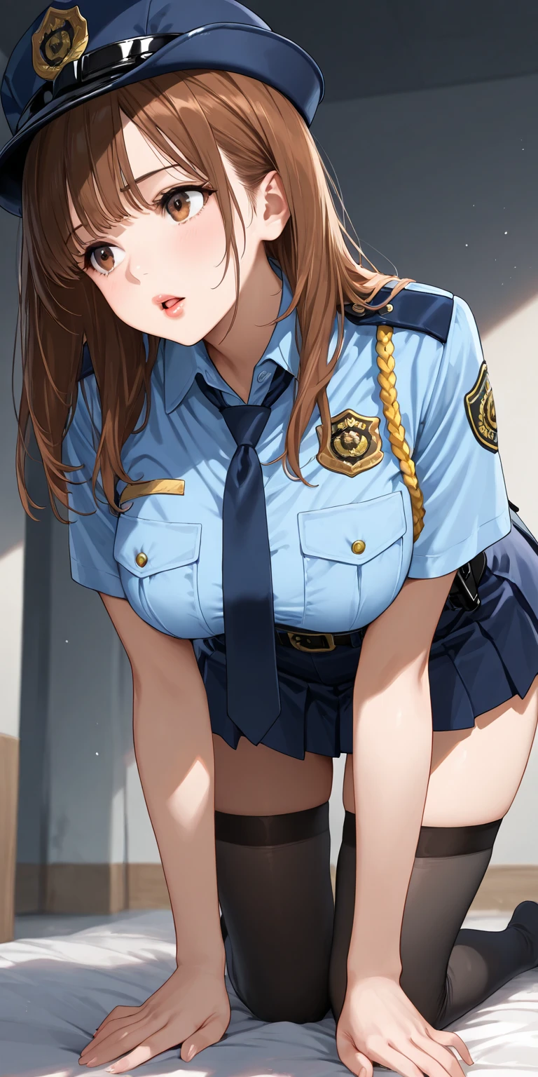 highest quality,masterpiece,8k,((1girl,1man:1.3)),((((((10 years old)))))),((big breasts:1.3)),blush, sweat,black hair,long hair,((policewoman:1.3)),mini skirt,lift skirt,upskirt,white panties,black thighhighs,open legs,((tied wrist, handcuffs, arms up, blindfold:1.1)),A man touches a girl's chest,A man grabs a girl's chest,grabbing breasts from behind