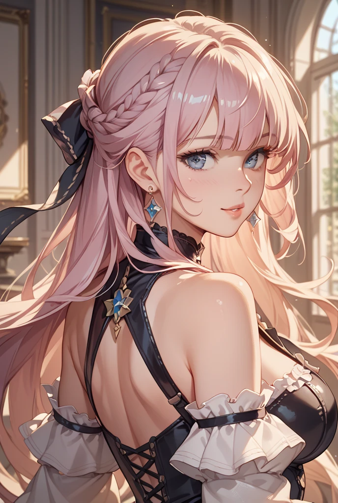 The character should have long pink hair with accessories, detailed armor on the shoulders, a complex costume design with multiple layers and decorations, hands facing forward, and a dynamic pose. The overall vibe should be vibrant and embody the spirit of an anime or manga heroine.